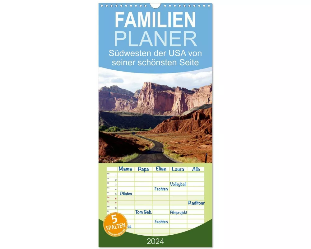 Familienplaner 2026 - USA-Südwesten von seiner schönsten Seite 2026 mit 5 Spalten (Wandkalender, 21 x 45 cm) CALVENDO