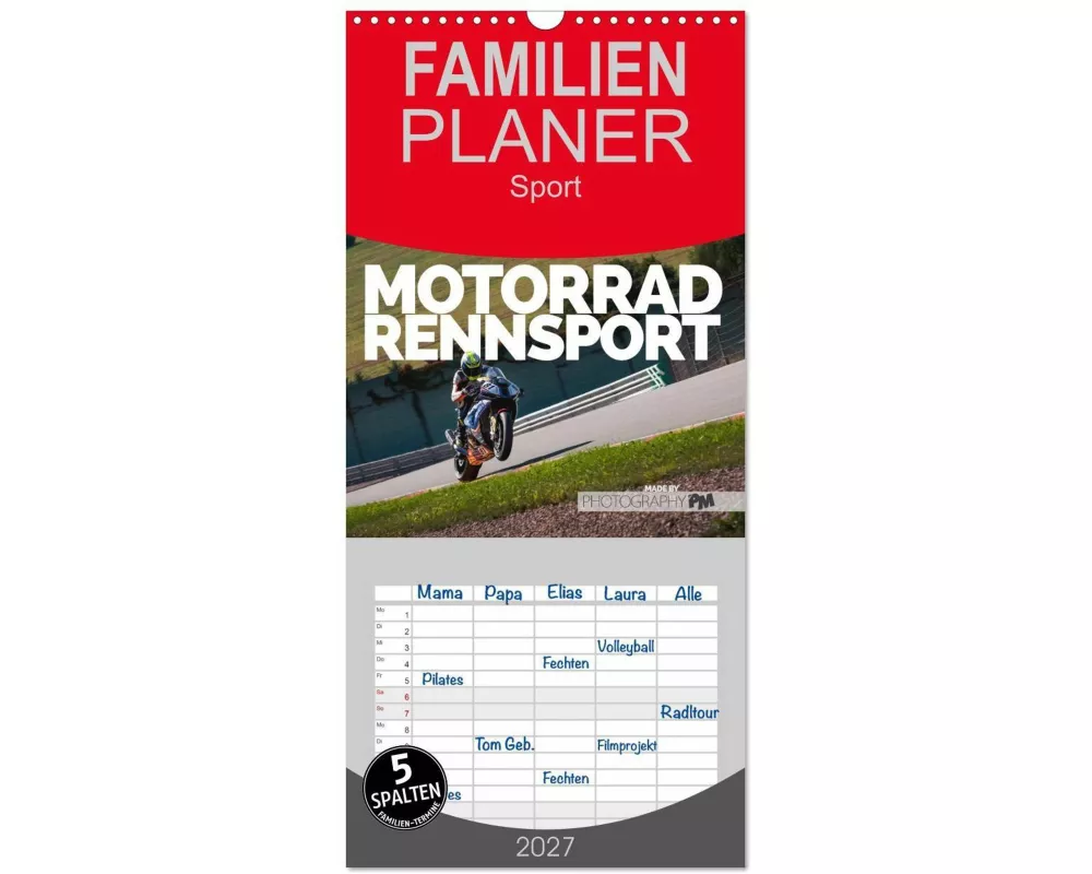 Familienplaner 2027 - Motorrad Rennsport mit 5 Spalten (Wandkalender, 21 x 45 cm) CALVENDO