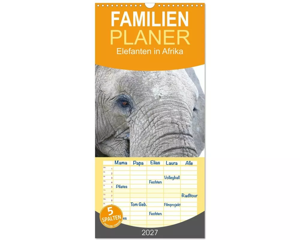 Familienplaner 2027 - Elefanten in Afrika mit 5 Spalten (Wandkalender, 21 x 45 cm) CALVENDO