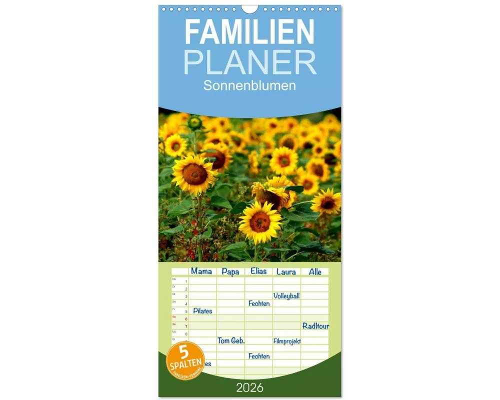 Familienplaner 2026 - Sonnenblumen mit 5 Spalten (Wandkalender, 21 x 45 cm) CALVENDO