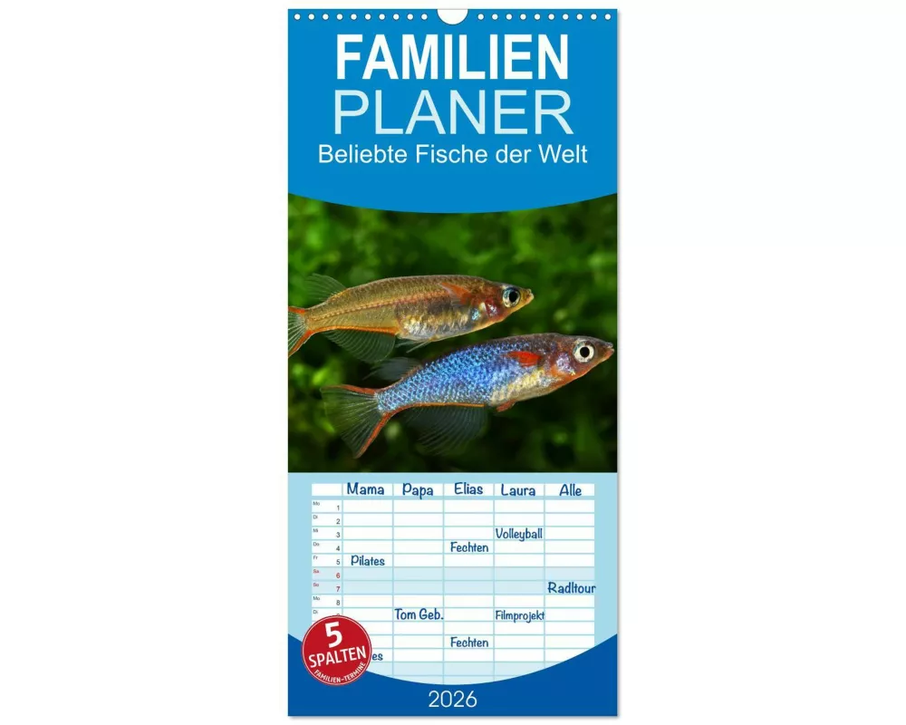 Familienplaner 2026 - Beliebte Fische der Welt mit 5 Spalten (Wandkalender, 21 x 45 cm) CALVENDO