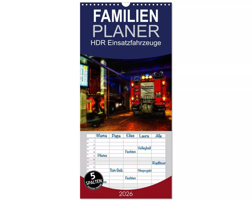 Familienplaner 2026 - HDR Einsatzfahrzeuge mit 5 Spalten (Wandkalender, 21 x 45 cm) CALVENDO