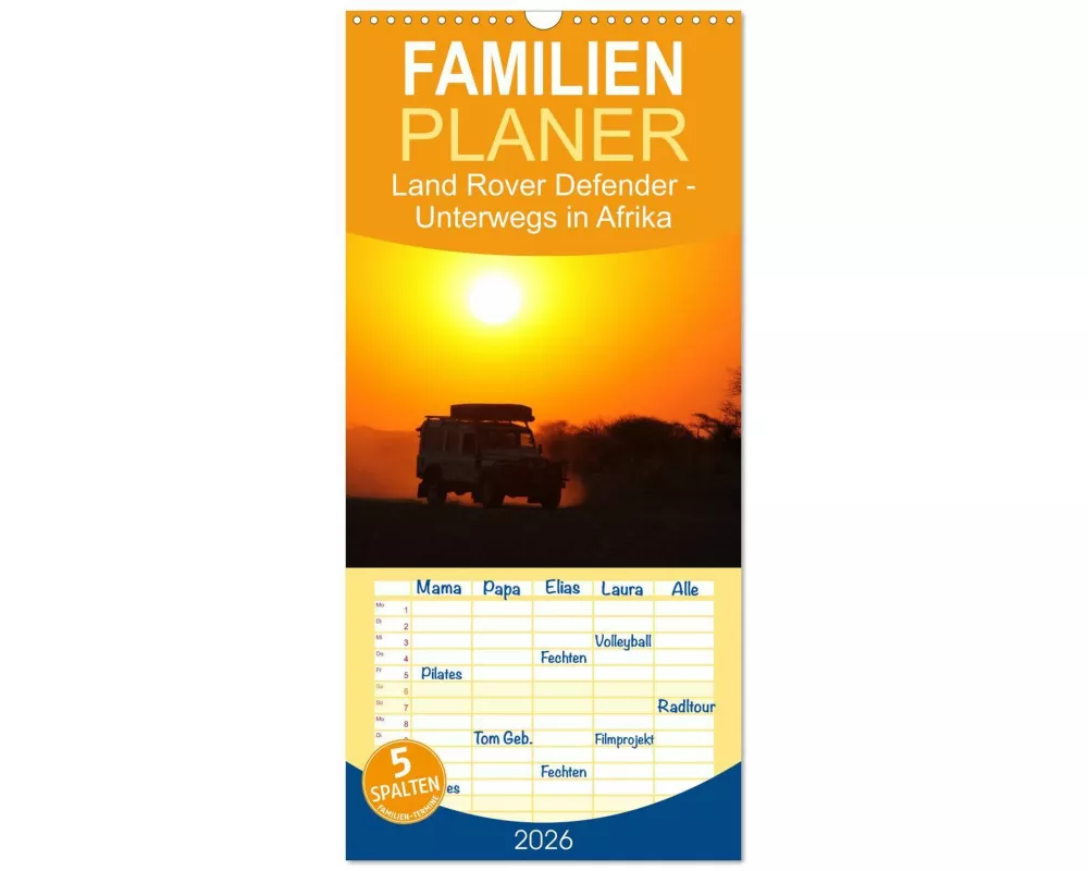 Familienplaner 2026 - Land Rover Defender - Unterwegs in Afrika mit 5 Spalten (Wandkalender, 21 x 45 cm) CALVENDO