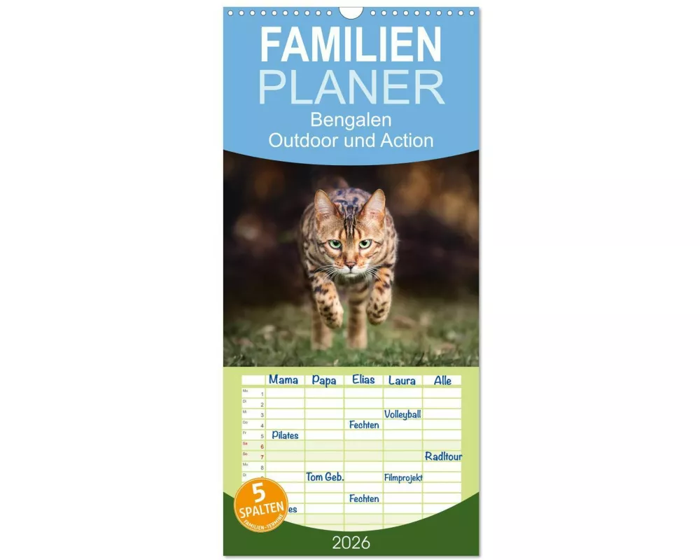 Familienplaner 2026 - Bengalen Outdoor und Action mit 5 Spalten (Wandkalender, 21 x 45 cm) CALVENDO