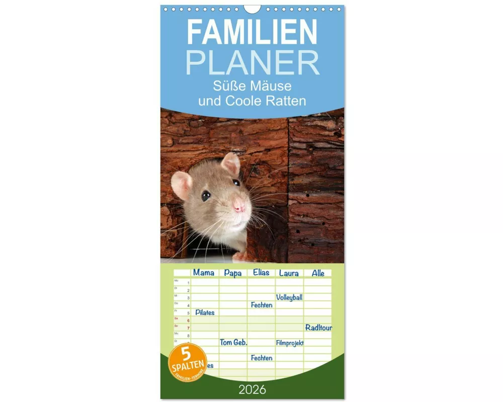 Familienplaner 2026 - Süße Mäuse und Coole Ratten mit 5 Spalten (Wandkalender, 21 x 45 cm) CALVENDO