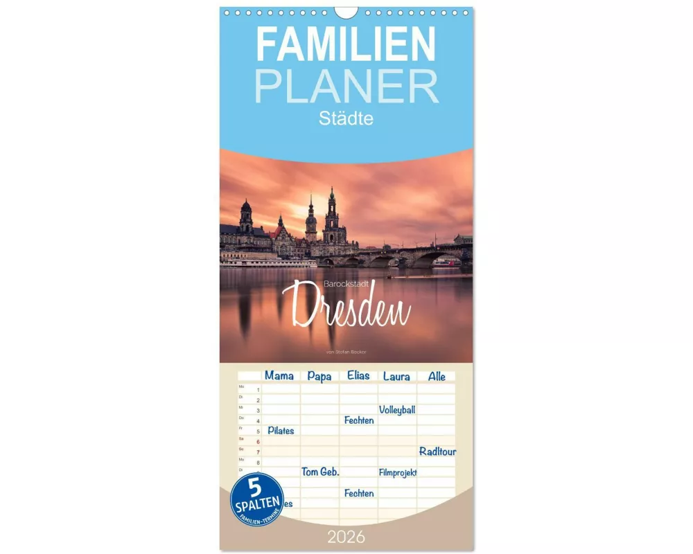 Familienplaner 2026 - Barockstadt Dresden mit 5 Spalten (Wandkalender, 21 x 45 cm) CALVENDO