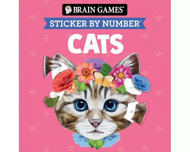 Brain Games - Sticker by Number Compact Edition: Cats 7x7 Inches Perfect Gift for Cat Lovers, Travel Size Activity Book for Adults & Kids 7+