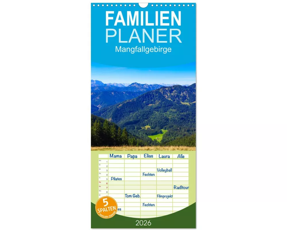 Familienplaner 2026 - Mangfallgebirge mit 5 Spalten (Wandkalender, 21 x 45 cm) CALVENDO