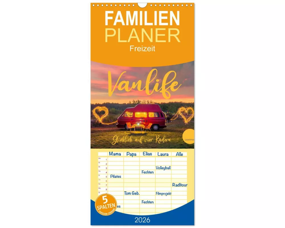 Familienplaner 2026 - Vanlife - Glücklich auf vier Rädern mit 5 Spalten (Wandkalender, 21 x 45 cm) CALVENDO