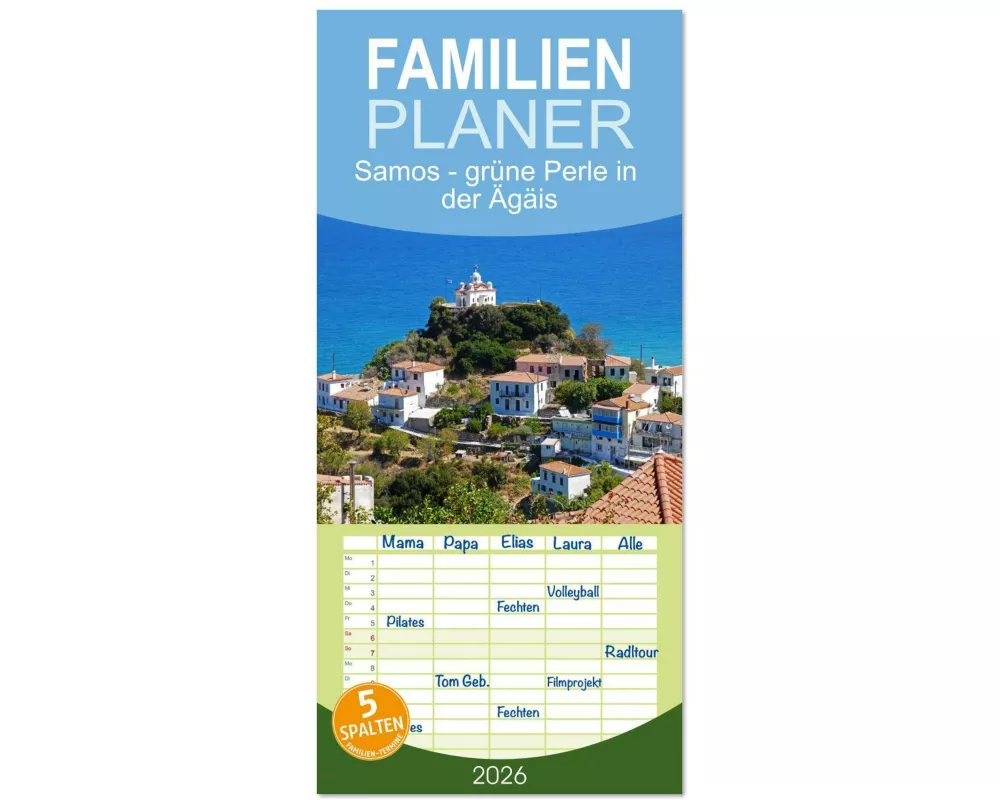 Familienplaner 2026 - Samos - grüne Perle in der Ägäis mit 5 Spalten (Wandkalender, 21 x 45 cm) CALVENDO