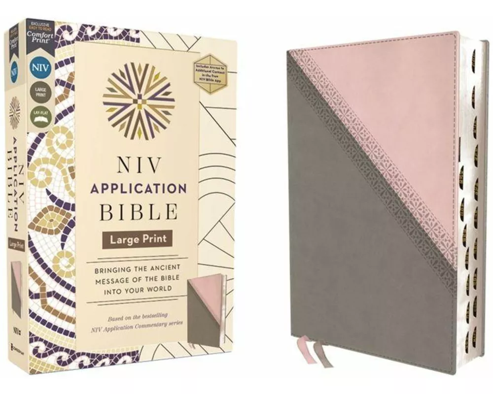 NIV Application Bible, Large Print, Leathersoft, Pink/Gray, Red Letter, Thumb Indexed, Comfort Print