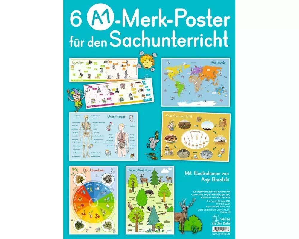 6 A1-Merk-Poster für den Sachunterricht – Jahreskreis, Körper, Waldtiere, Epochen, Kontinente, vom Korn zum Brot