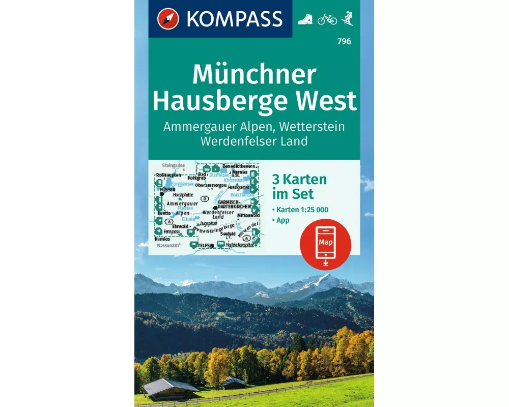 KOMPASS Wanderkarten-Set 796 Münchner Hausberge West, Ammergauer Alpen, Wetterstein, Werdenfelser Land (3 Karten) 1:25.000
