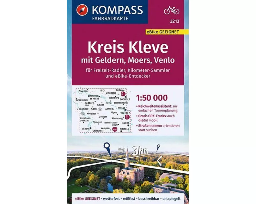 KOMPASS Fahrradkarte 3213 Kreis Kleve mit Geldern, Moers, Venlo mit Knotenpunkten 1:50.000