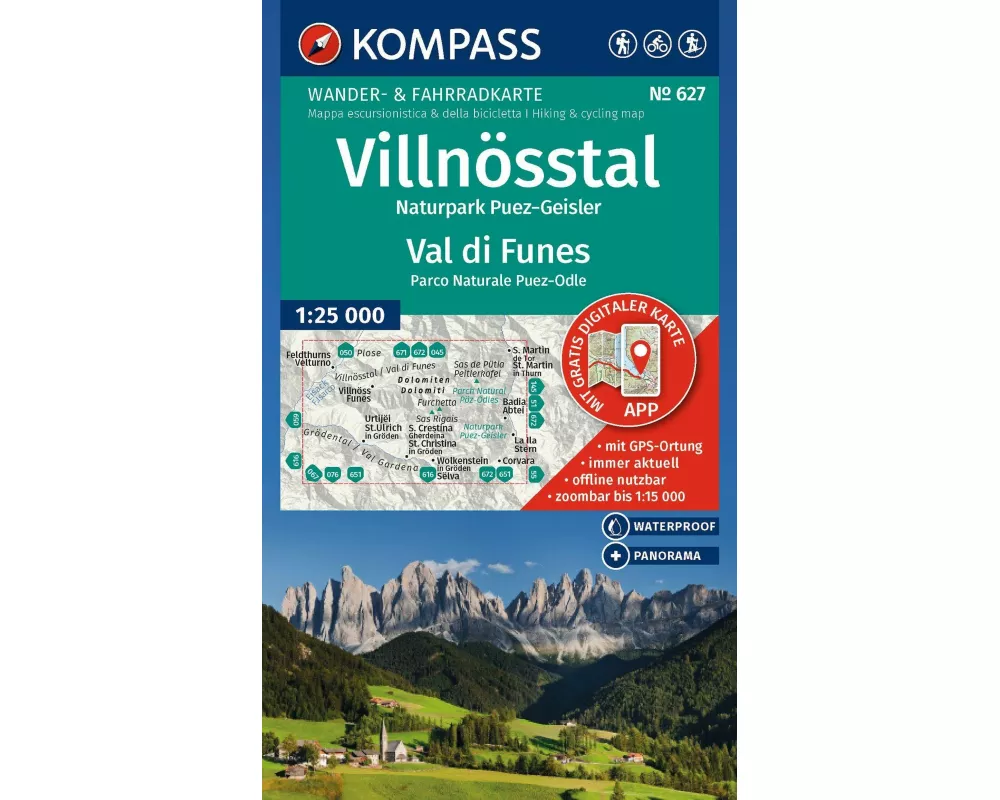 KOMPASS Wanderkarte 627 Villnösstal / Val di Funes, Naturpark Puez-Geisler / Parco Naturale Puez-Odle 1:25.000
