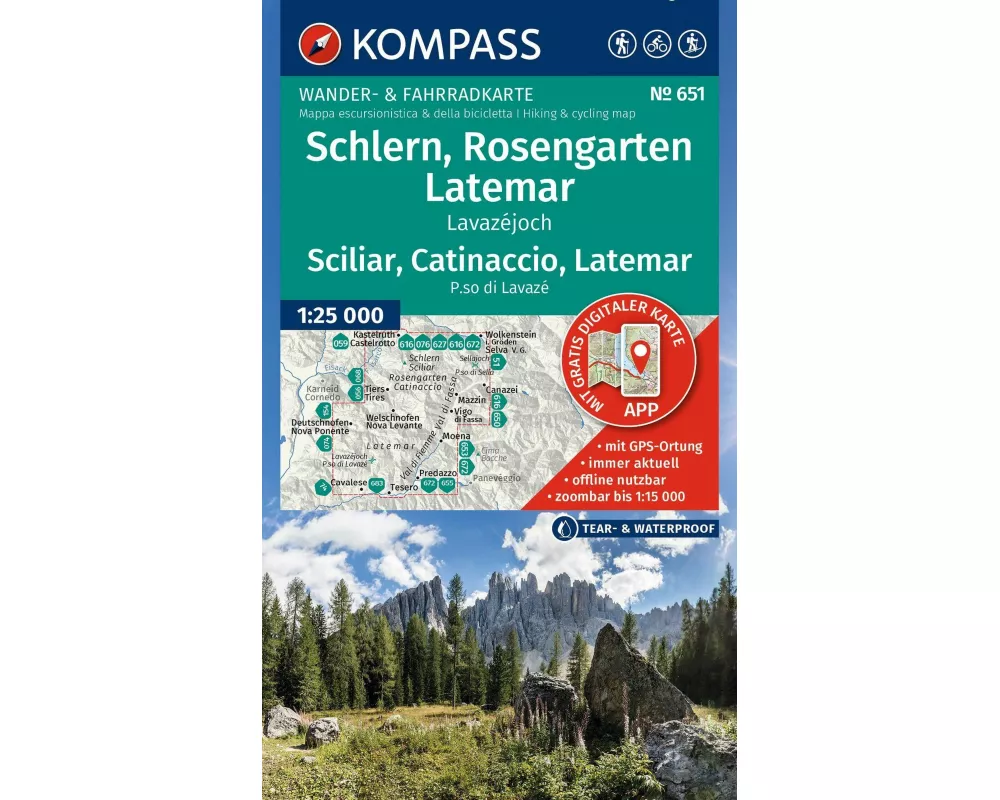 KOMPASS Wanderkarte 651 Schlern, Rosengarten, Latemar, Lavazéjoch / Sciliar, Catinaccio, Latemar, P.so di Lavazé 1:25.000