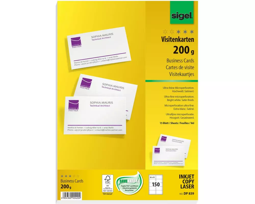 Sigel Visitenkarten-Etiketten 8.5 x 5.5 cm, 15 Blatt, 200 g, Weiss