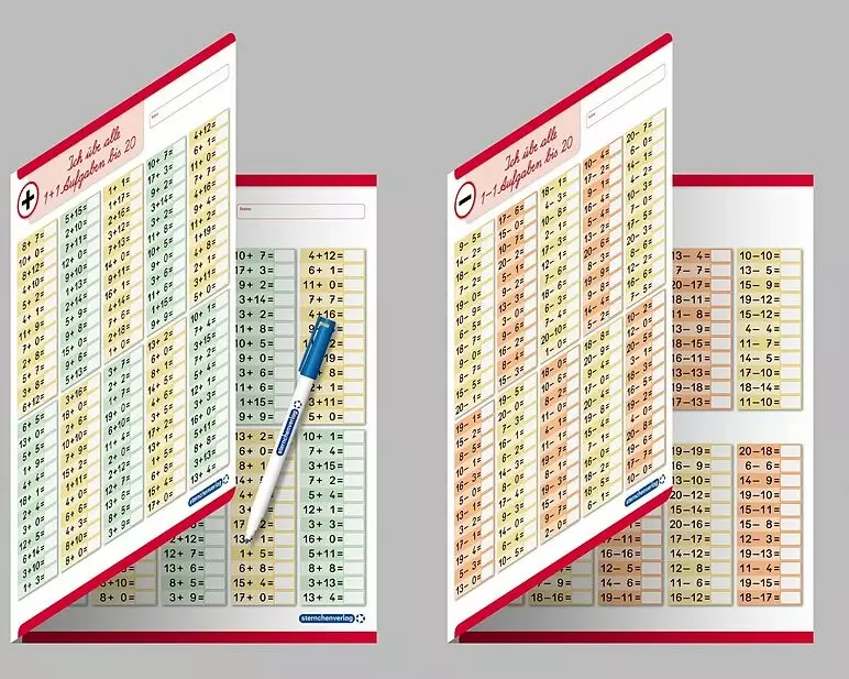 Ich übe alle Additionsaufgaben und Subtraktionsaufgaben im Zahlenraum bis 20 mit Stift