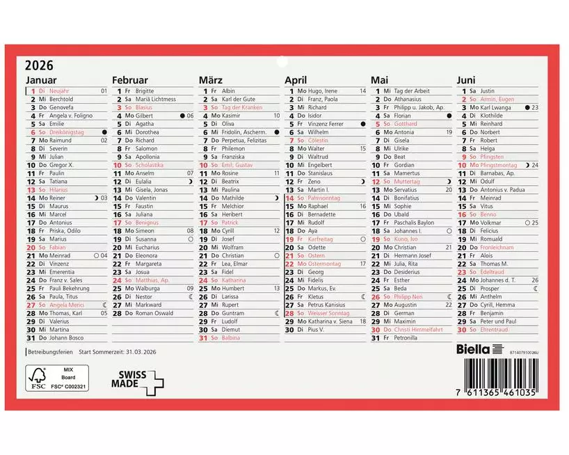 Biella Tafelkalender A5, 6 Monate pro Seite