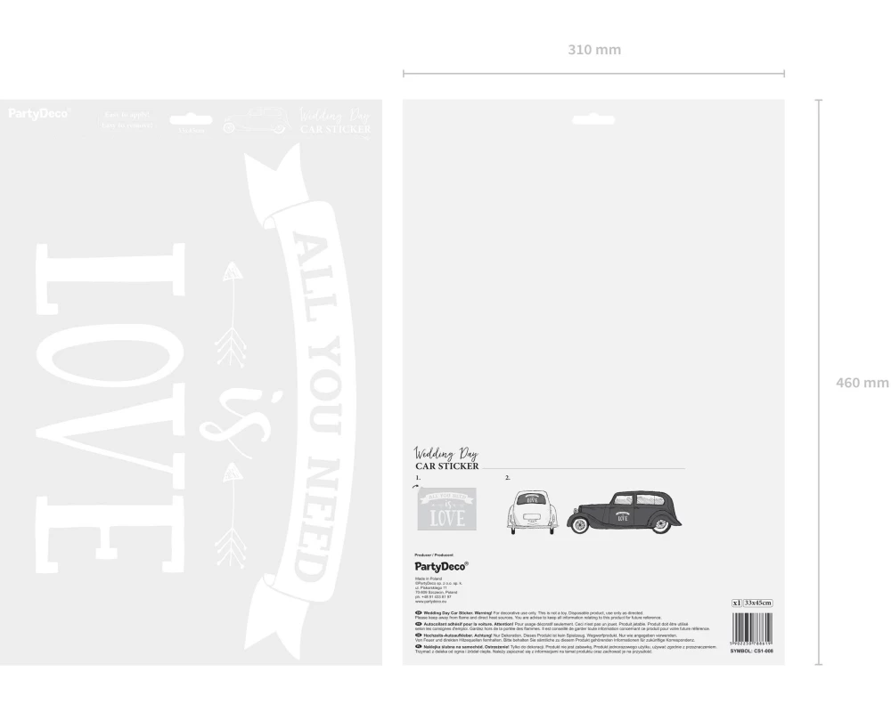 Partydeco Hochzeitsaccessoire Auto Sticker 33 x 45 cm, Weiss