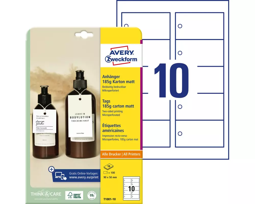 Avery Zweckform Hängeetiketten Tags 90 x 50 mm, 10 Blatt, 100 Stück