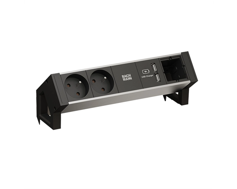 BACHMANN DESK2 ALU BLACK 2xUTE 1xCM 1xUSB Charger 0,2m GST18