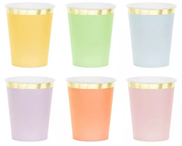 Partydeco Einwegbecher mit Goldrand farbig, 220 ml, 6 Stück