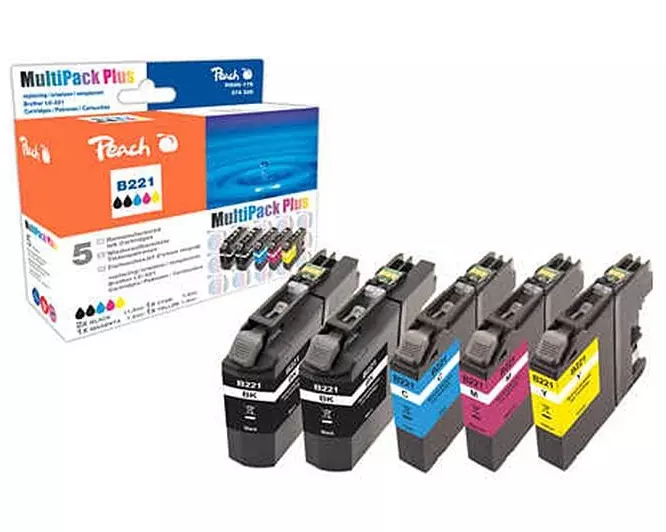 Peach Tintenset Brother LC-221 2x BK, 1x Cyan, Magenta, Yellow