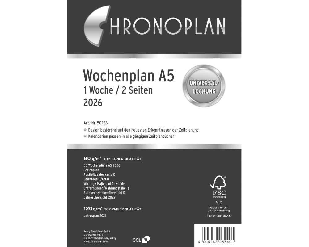 CHRONOPLAN Ersatz Wochenplan 2026 50236Z.26 1W/2S in Spalten A5