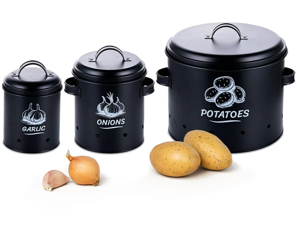 relaxdays Kartoffelbehälter 3er Set, Schwarz