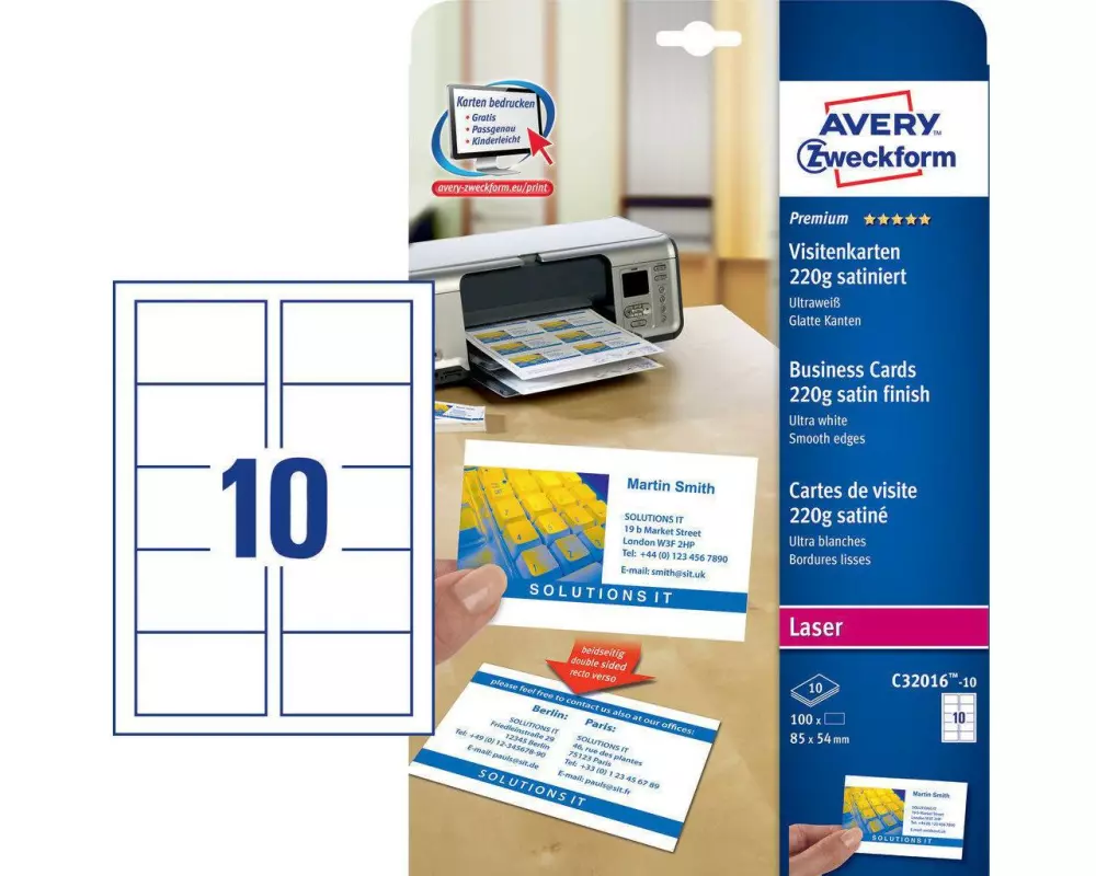 Avery Zweckform Visitenkarten-Etiketten Laser 85 x 54 mm 220 g/m² 100 Stück