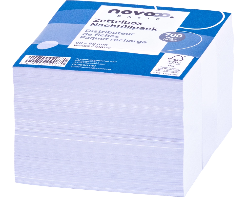 novooo. Zettelbox Papier 98 x 98 mm, weiss, 80g, 700 Blatt