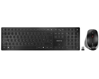 CHERRY DW 9500 SLIM. Keyboard style: Straight. Connectivity technology: Wireless, Device interface: RF Wireless + Bluetooth, Keyboard key switch: Scissor key switch, Keyboard layout: QWERTY, Keyboard number of keys: 111. Cable length: 1.2 m. Recommended usage: Universal. Product colour: Black, Grey. Mouse included