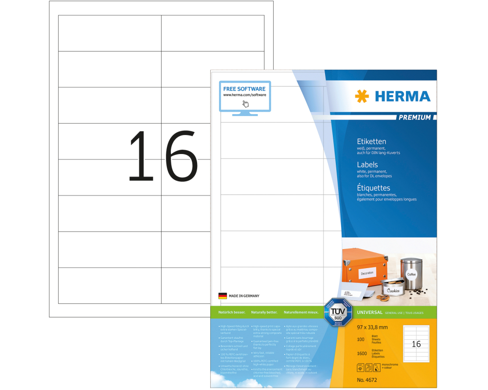 HERMA Etiketten Premium 96,5×33,8mm 4672 weiss 1600 Stück