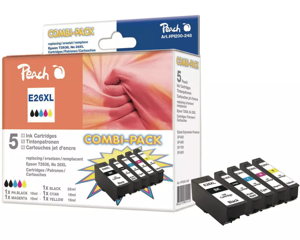 Peach Tintenset Epson T2636 C, M, Y, 2x BK