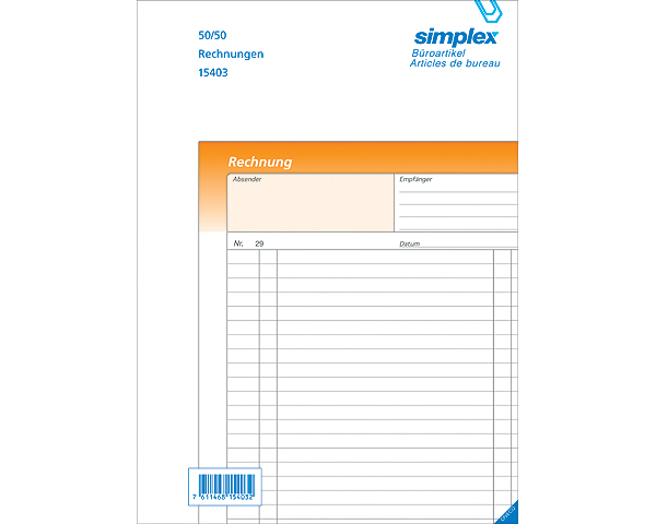 SIMPLEX Rechnungen D A4 15403D orange/weiss 50x2 Blatt