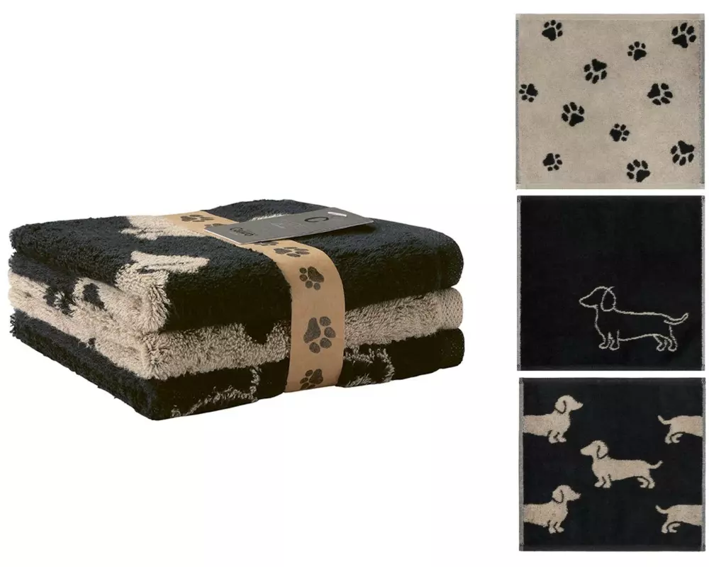 Cawö Waschlappen We Love Dogs Mix (3er Pack), 30 x 30, Schwarz