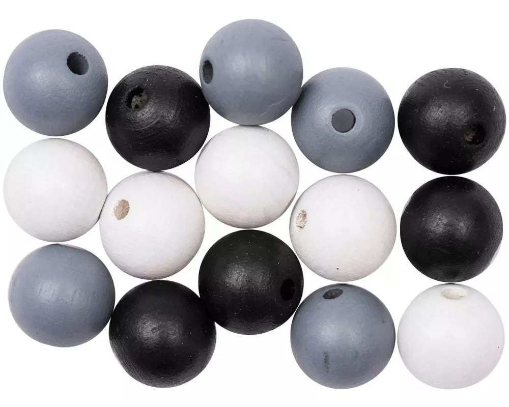 Rico Design Holzperlen Gebohrt 12 mm Schwarz-Weiss-Grau, 15 Stück