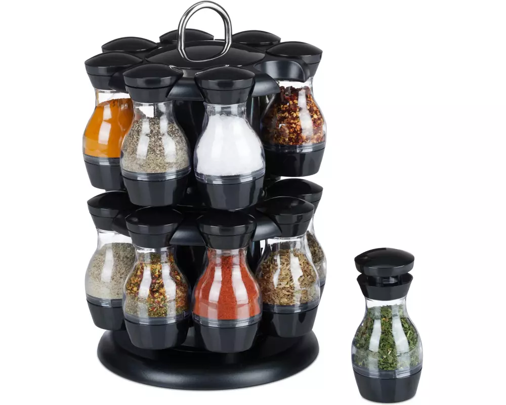 relaxdays Gewürzkarussell 16er Set Schwarz/Transparent