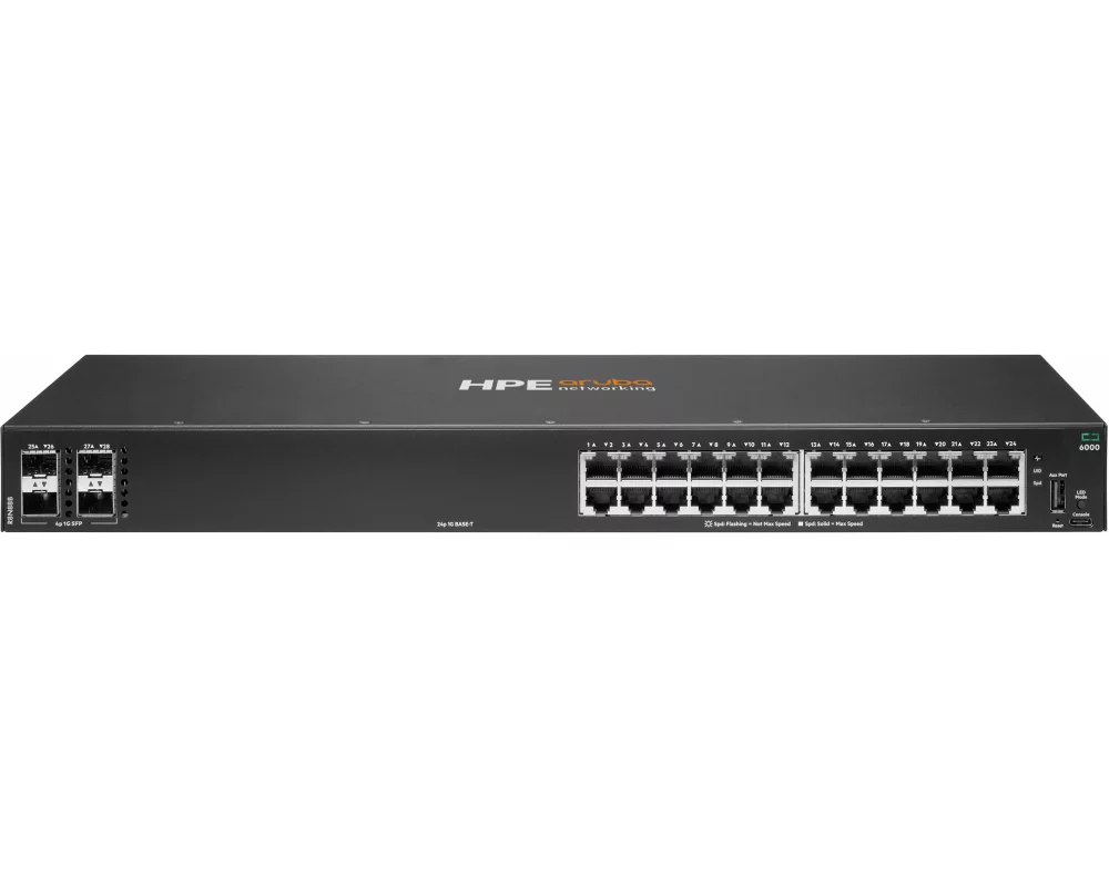 HPE Aruba 6000 Switch, 24G, 4 SFP Ports, 1U, Layer 2, ACL, QoS, Web GUI, CLI, Aruba NetEdit, Zero Touch Provisioning