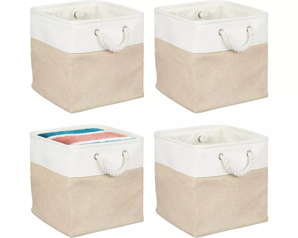 relaxdays Aufbewahrungsbox Leinen 4 Stück, Beige/Weiss