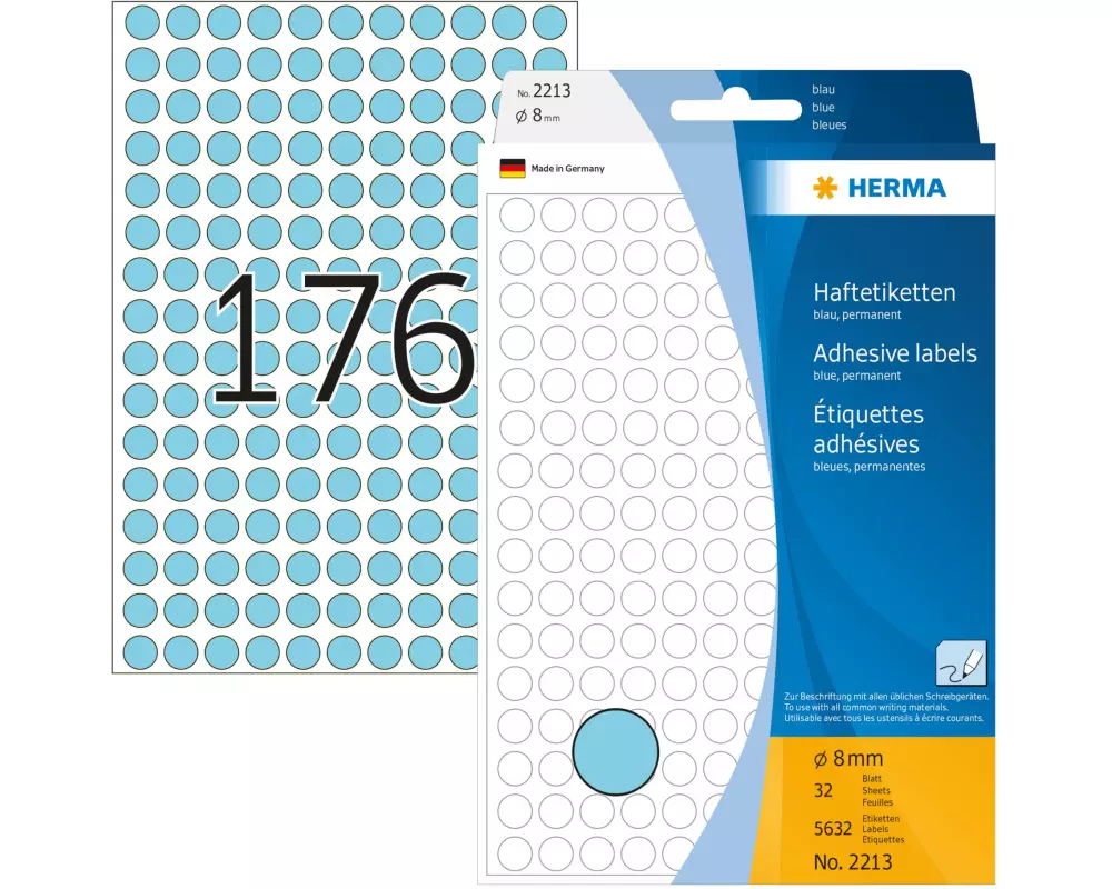 HERMA Vielzweck-Etiketten 2213 Ø 8 mm, Blau, 32 Blatt