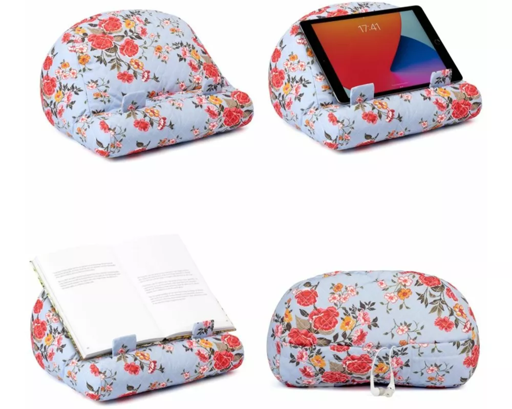 Bookcouch Roses - Blumenmotiv hellblau - Lesekissen für Bücher und Tablets - Buchständer - Tablethalter - Lesehillfe - Deutsche Ausgabe