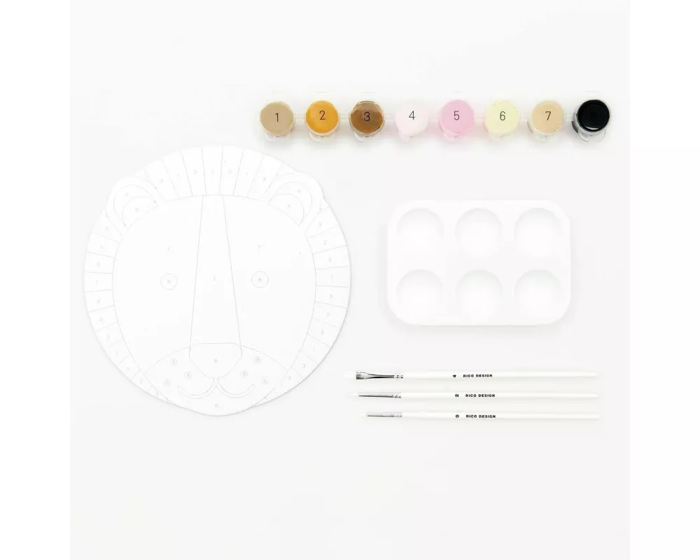 Malen nach Zahlen Set, Löwe, FSC 100%, Inhalt: 1 Malkarton, 8 Acrylfarben für ein Motiv, 3 Pinsel, 1 Malpalette