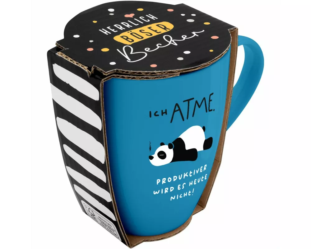 Tasse mit Motivdruck "Ich atme. Produktiver wird es heute nicht!", mit Banderole