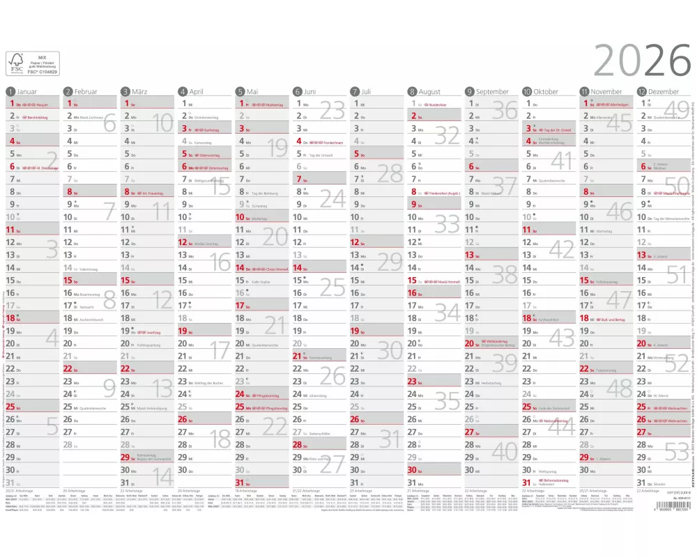 Zettler Jahresübersicht A3 12 Mon 1 Stk. plano 2026 – Plakatkalender 42 × 29,7 cm, 12 Monate auf 1 Seite, Arbeitstage- & Wochenzählung, Ferien, Mondph