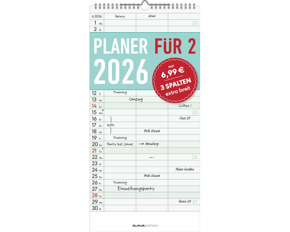 Alpha Edition - Planer für Zwei - Familienkalender 2026 – 22x45 cm – Familien-Timer mit 3 Spalten & zusätzlichem Notizbereich – Mit Feiertagen & Ferie