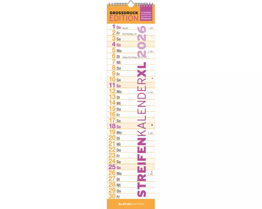Alpha Edition - GROSSDRUCK Streifenplaner XL Kalender 2026 – 15x64 cm – Wandplaner – Ideal für Senioren, Büro & Familie – Großer Küchenkalender mit Fe
