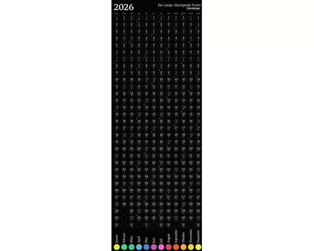 Domberger - Der Lange Springende Punkt schwarz 2026 – Design-Wandkalender 36×98 cm von Michael Domberger, Kunstkalender mit 365 gestanzten Punkten