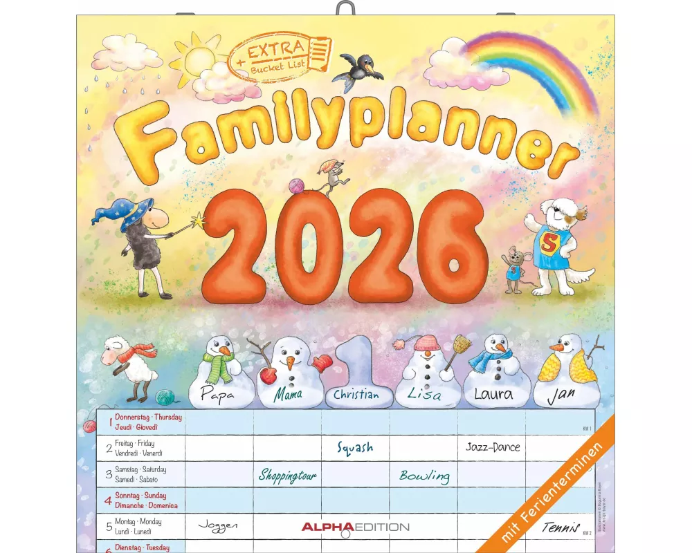 Alpha Edition - Familienplaner Cartoon Kalender 2026 – 30x30 cm – Broschürenkalender mit 6 Spalten & Platz für Notizen – Lustiger Wandkalender für Fam